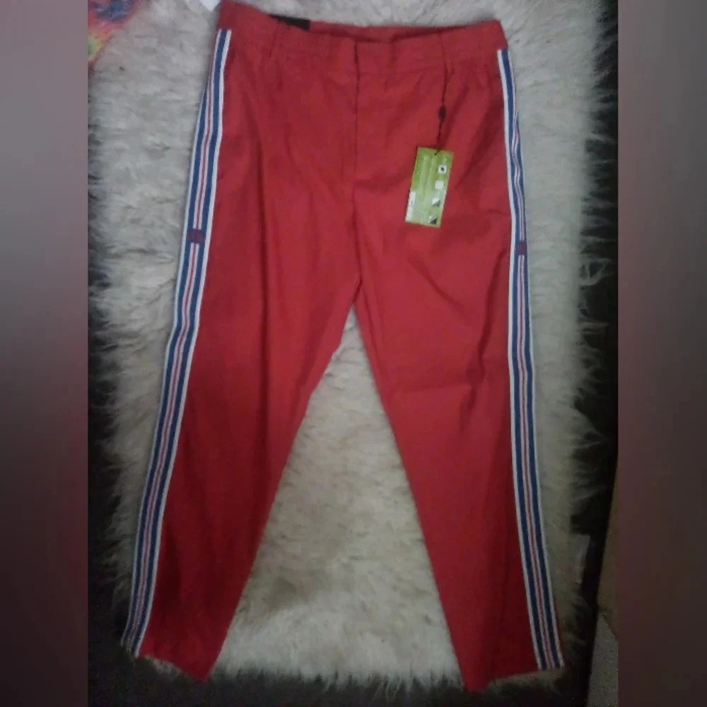 J. Lindeberg Red Track Pants with Blue & White Side Stripes